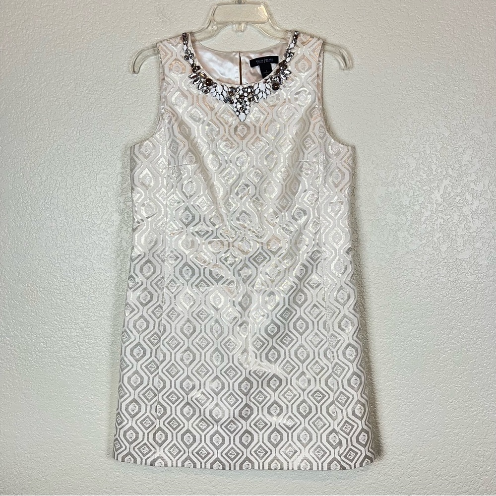 WHBM White Metallic Jacquard Shift Mini Dress Jewel Embellished Neckline size 8
